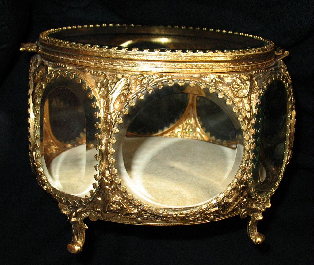 Large Ornate Jewelry Box With Beveled Glass Panels Large Ornate Jewelry Box With Beveled Glass Panels