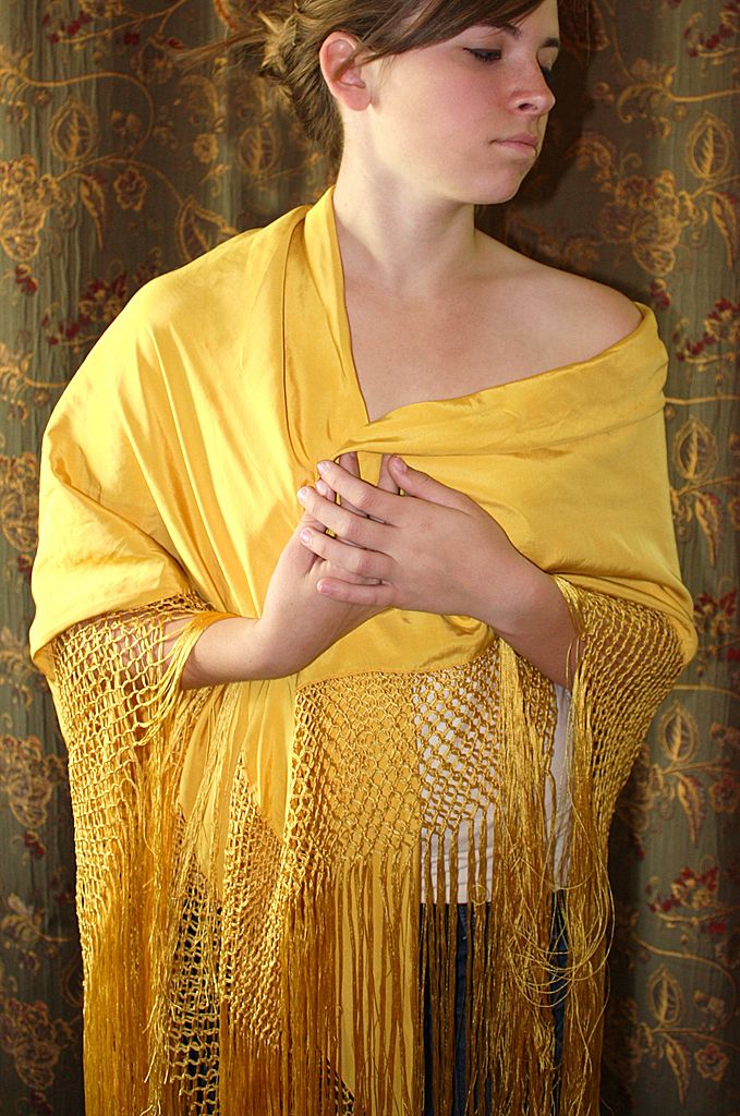 Bright Yellow Vintage Shawl With Long Hand Tied Fringe Bright Yellow Vintage Shawl With Long Hand Tied Fringe