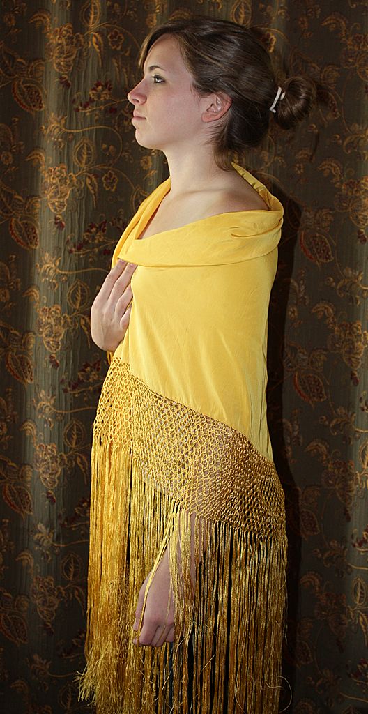 Bright Yellow Vintage Shawl With Long Hand Tied Fringe Bright Yellow Vintage Shawl With Long Hand Tied Fringe