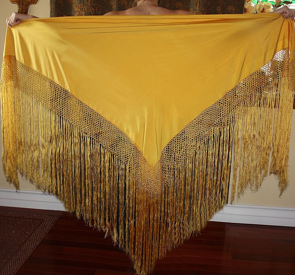Bright Yellow Vintage Shawl With Long Hand Tied Fringe Bright Yellow Vintage Shawl With Long Hand Tied Fringe