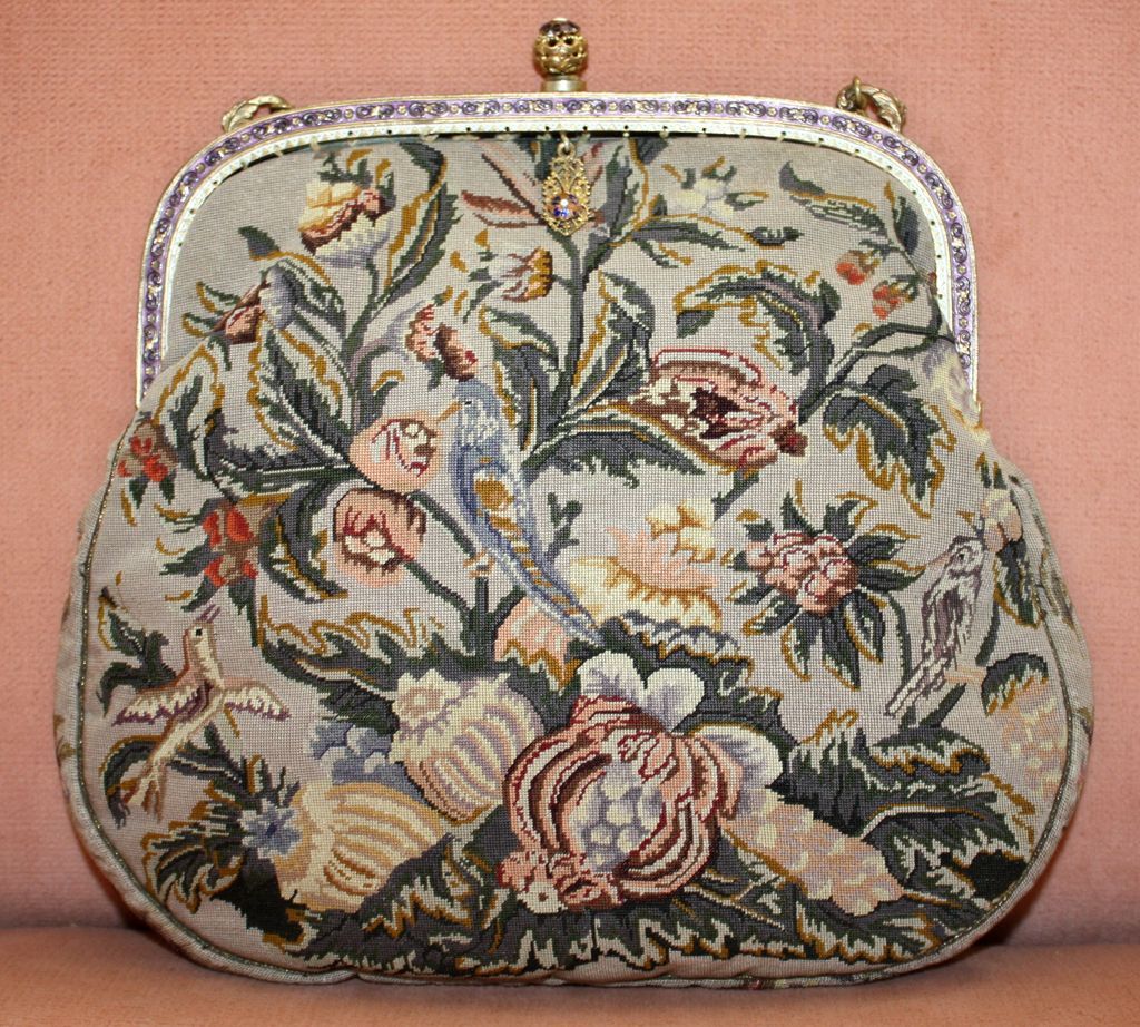 Fine Petit Point Purse With Birds and Flowers and Enameled Frame Fine Petit Point Purse With Birds and Flowers and Enameled Frame