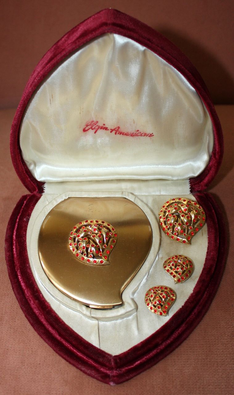 Rare Elgin American Jeweled Compact, Pin and Earring Set in Original Box Rare Elgin American Jeweled Compact, Pin and Earring Set in Original Box