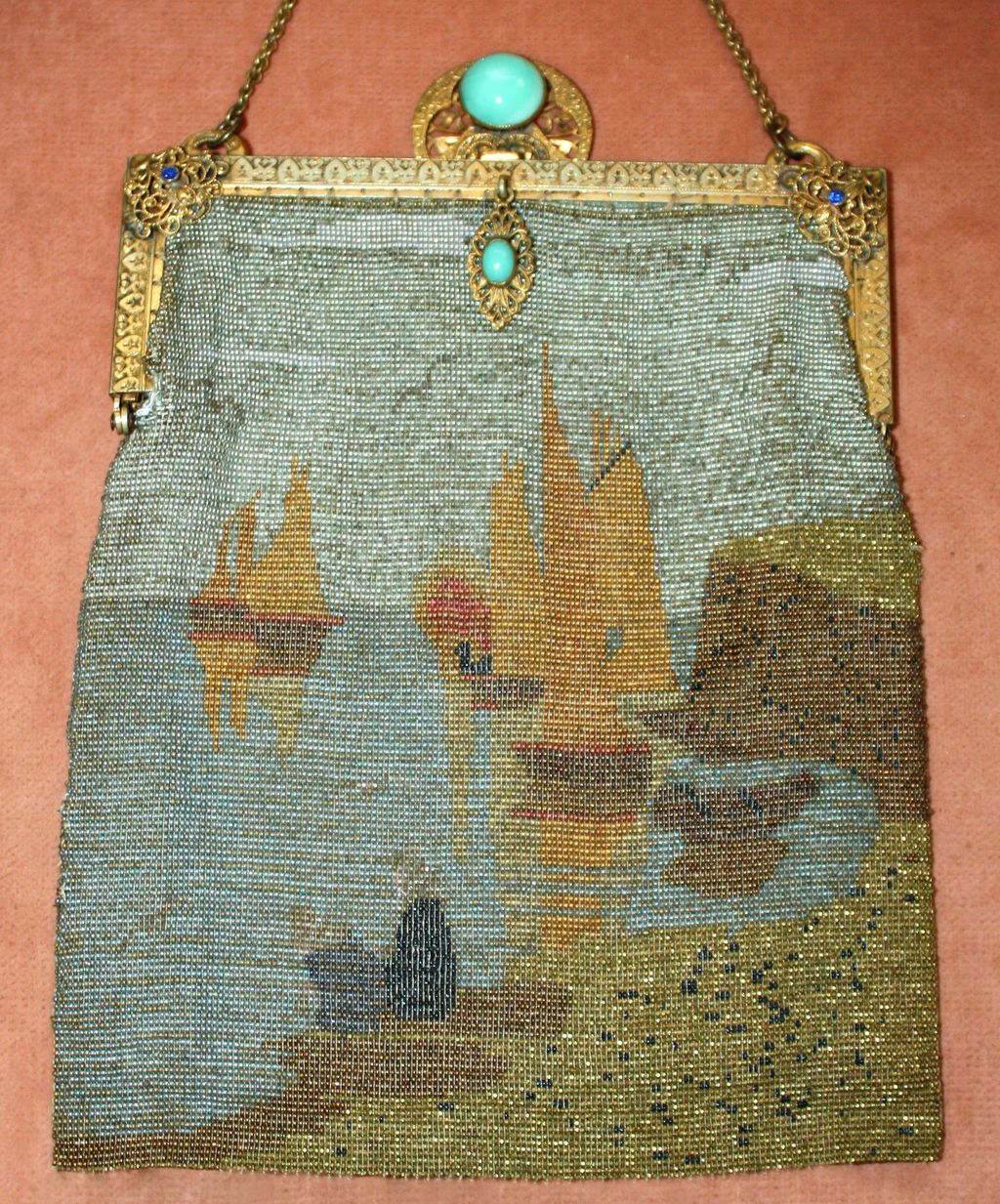 1920's French Purse with Asian Scenic Cut Steel Design and Jeweled Frame - In Need of TLC 1920's French Purse with Asian Scenic Cut Steel Design and Jeweled Frame - In Need of TLC