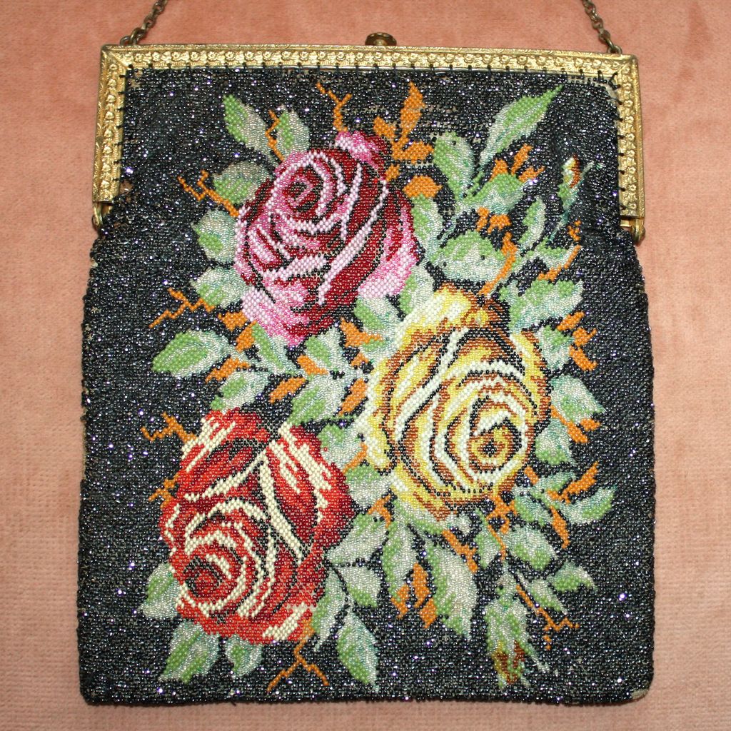 Gorgeous 1920's Floral Glass Beaded Purse Gorgeous 1920's Floral Glass Beaded Purse