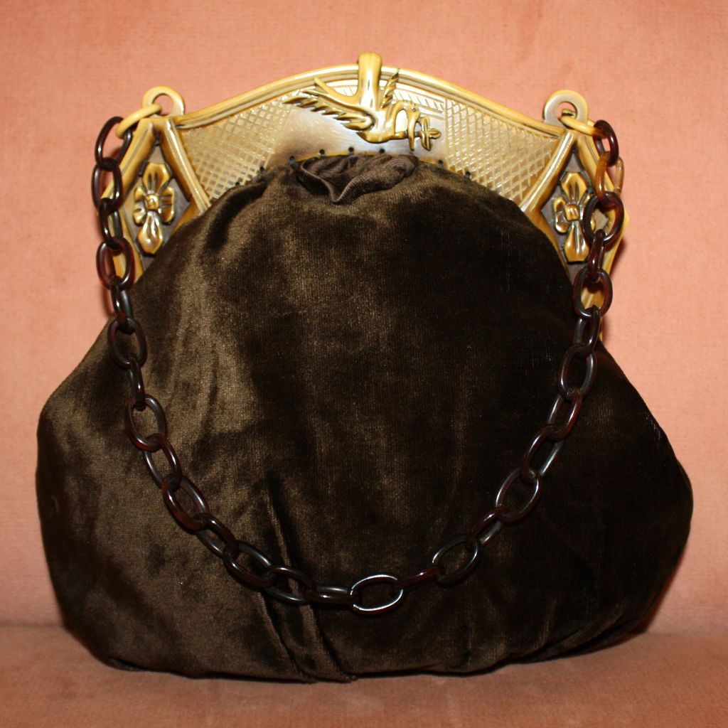 c.1920's Celluloid Frame Brown Velvet Purse With Egret Bird c.1920's Celluloid Frame Brown Velvet Purse With Egret Bird
