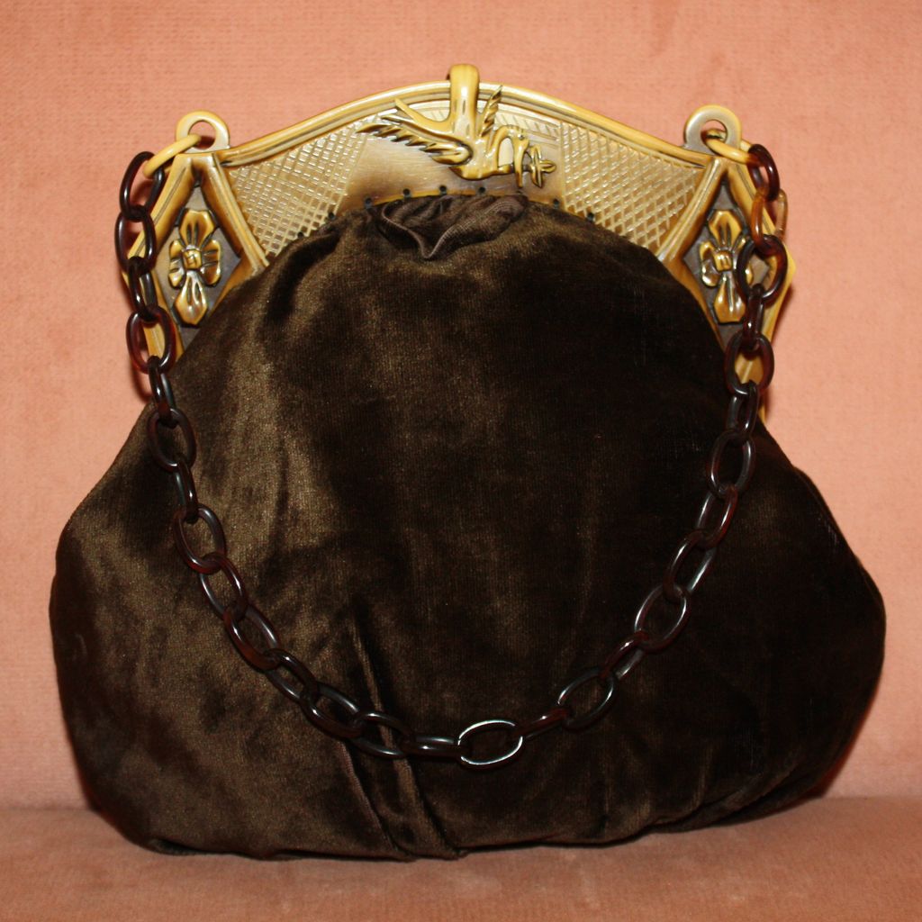 c.1920's Celluloid Frame Brown Velvet Purse With Egret Bird c.1920's Celluloid Frame Brown Velvet Purse With Egret Bird