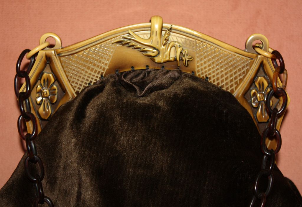 c.1920's Celluloid Frame Brown Velvet Purse With Egret Bird c.1920's Celluloid Frame Brown Velvet Purse With Egret Bird