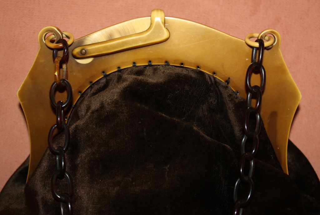 c.1920's Celluloid Frame Brown Velvet Purse With Egret Bird c.1920's Celluloid Frame Brown Velvet Purse With Egret Bird