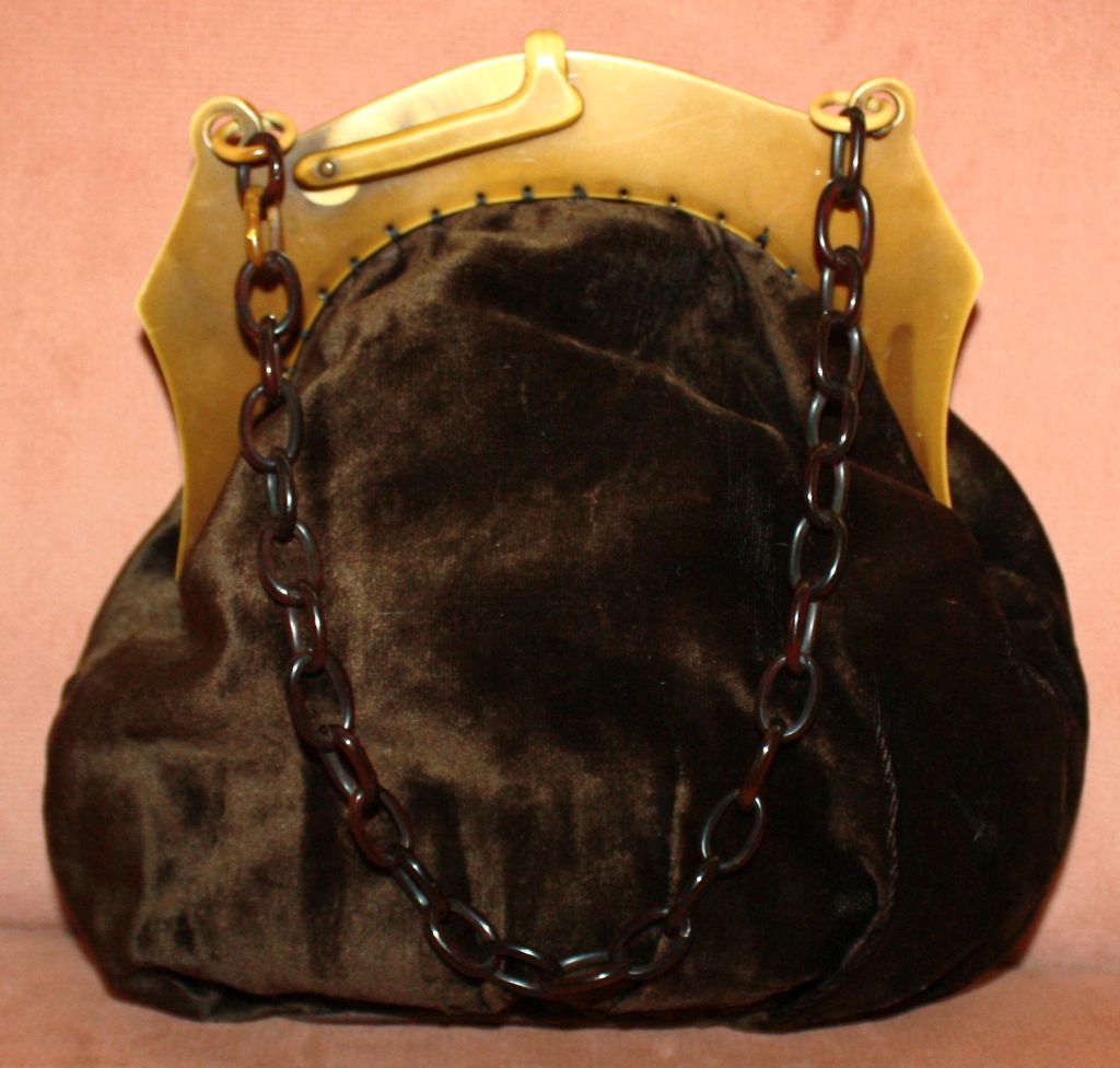 c.1920's Celluloid Frame Brown Velvet Purse With Egret Bird c.1920's Celluloid Frame Brown Velvet Purse With Egret Bird