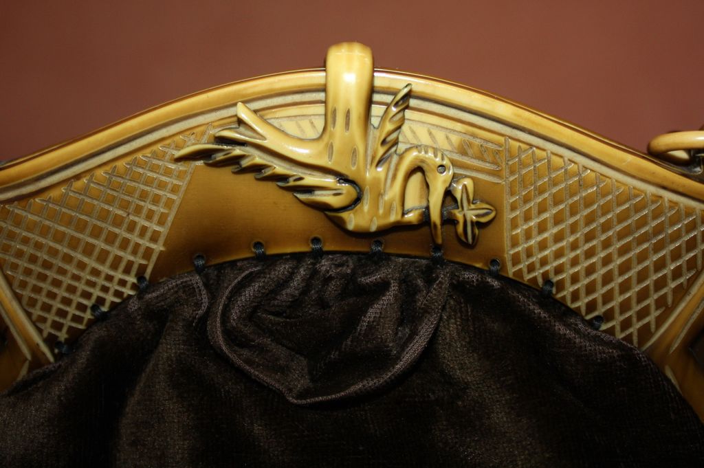 c.1920's Celluloid Frame Brown Velvet Purse With Egret Bird c.1920's Celluloid Frame Brown Velvet Purse With Egret Bird