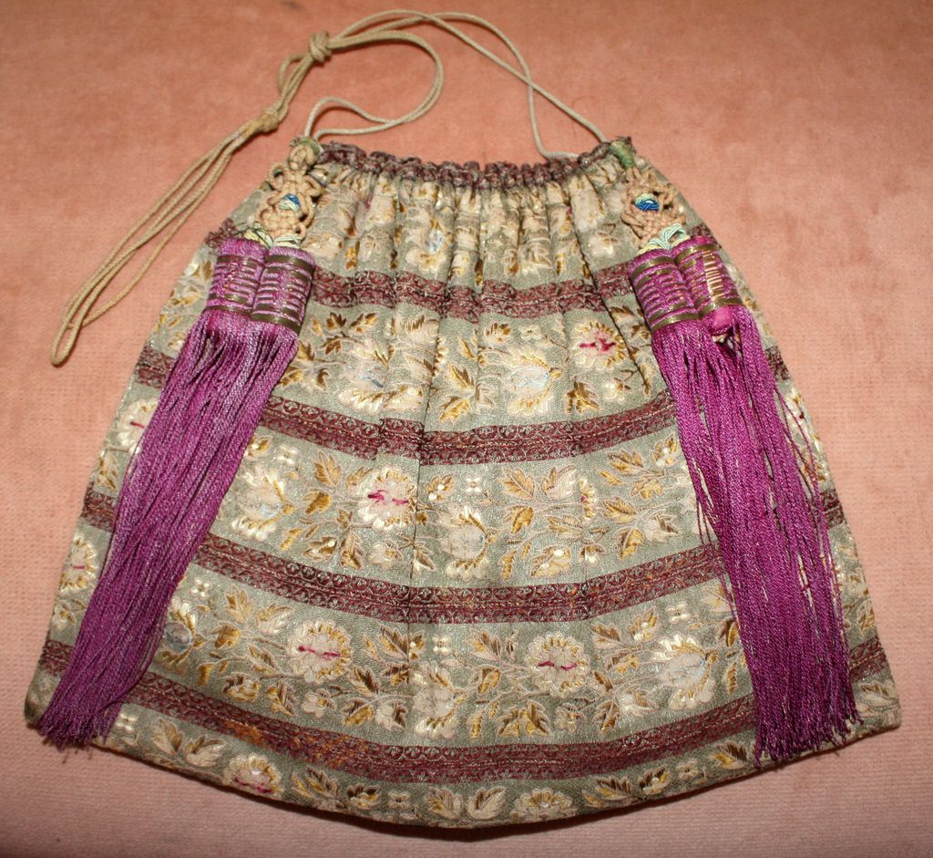 Early 1900 Asian Brocade Purse with Purple Tassels Early 1900 Asian Brocade Purse with Purple Tassels