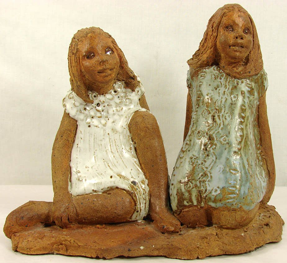 Mid Century Modern Art Pottery Sculpture of 2 Girls Mid Century Modern Art Pottery Sculpture of 2 Girls