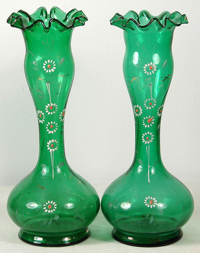 Antique Victorian Green Glass Painted Enameled Vase Pair Antique Victorian Green Glass Painted Enameled Vase Pair