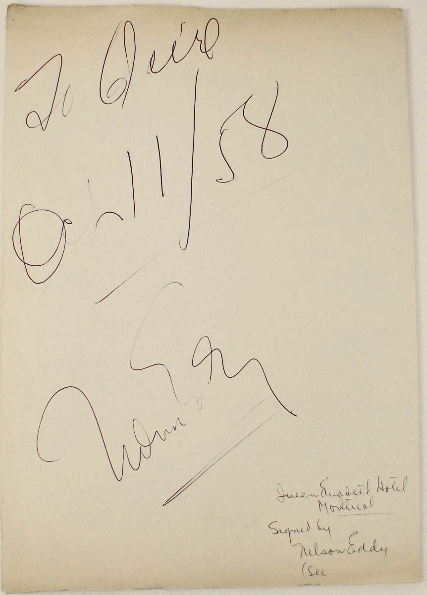 Vintage 1958 Nelson Eddy Autograph on Queen Elizabeth Hotel Montreal Menu Vintage 1958 Nelson Eddy Autograph on Queen Elizabeth Hotel Montreal Menu