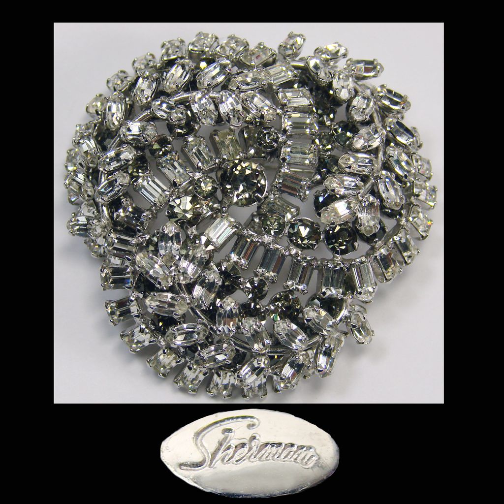 Vintage 1950s Sherman Rhinestone Brooch // Clear Layered Tri-Swirl Design Signed Vintage 1950s Sherman Rhinestone Brooch // Clear Layered Tri-Swirl Design Signed