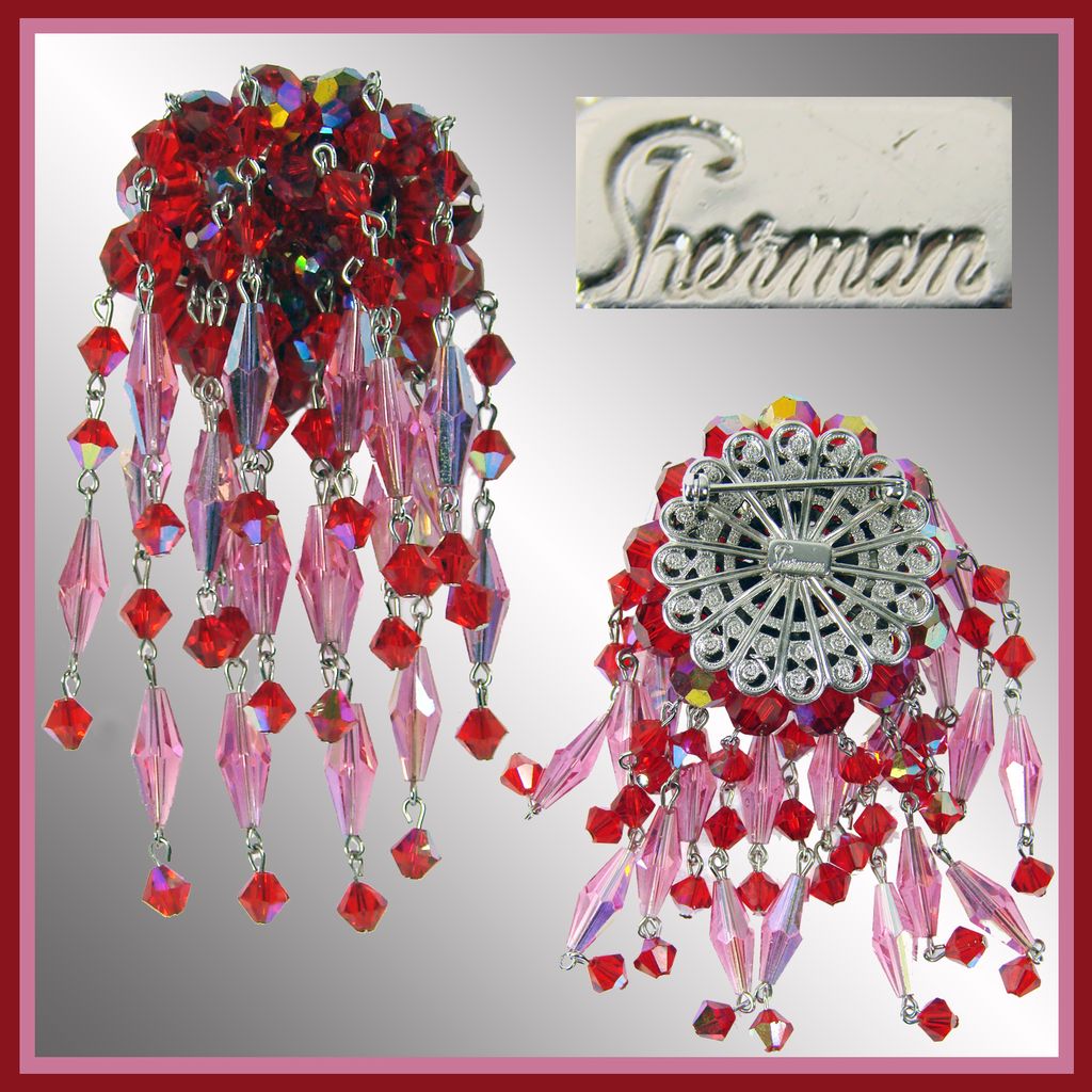 Vintage Sherman Waterfall Brooch // Red & Pink Crystal Glass Beads Signed 1960s Vintage Sherman Waterfall Brooch // Red & Pink Crystal Glass Beads Signed 1960s