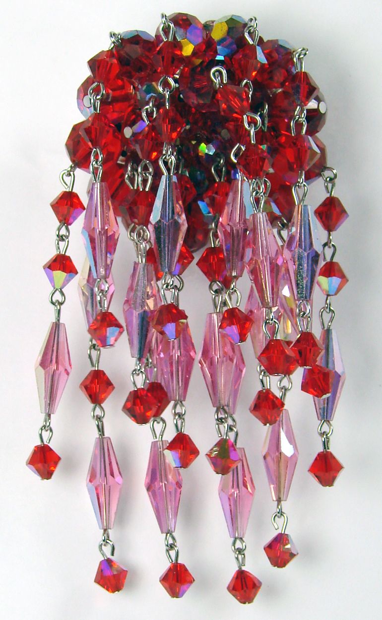 Vintage Sherman Waterfall Brooch // Red & Pink Crystal Glass Beads Signed 1960s Vintage Sherman Waterfall Brooch // Red & Pink Crystal Glass Beads Signed 1960s
