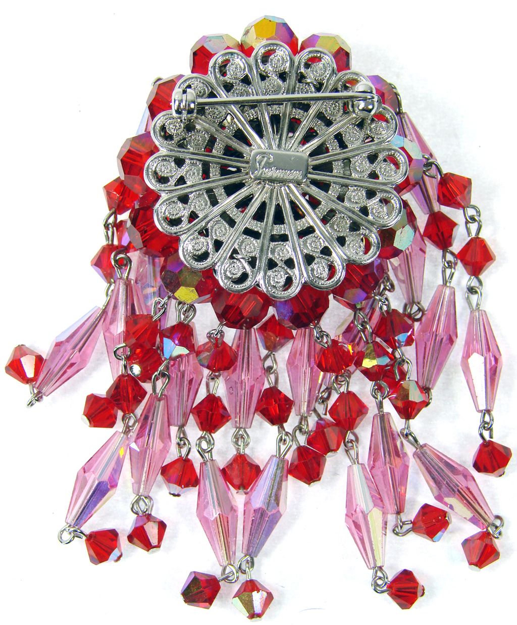 Vintage Sherman Waterfall Brooch // Red & Pink Crystal Glass Beads Signed 1960s Vintage Sherman Waterfall Brooch // Red & Pink Crystal Glass Beads Signed 1960s