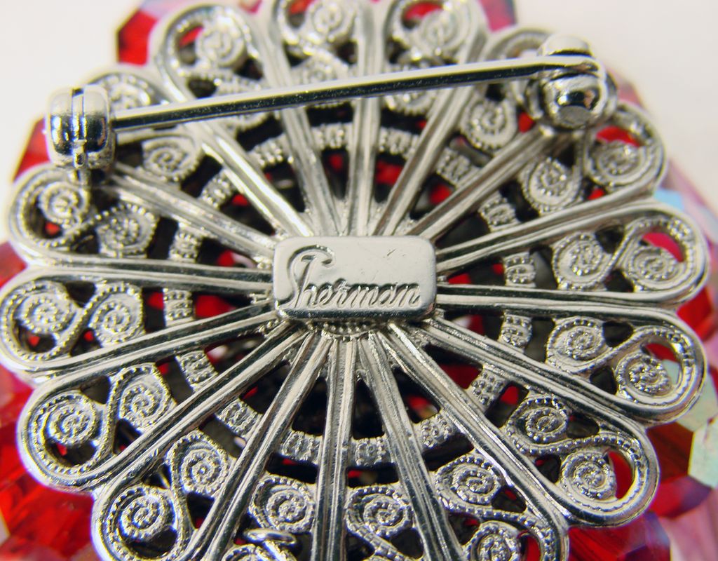 Vintage Sherman Waterfall Brooch // Red & Pink Crystal Glass Beads Signed 1960s Vintage Sherman Waterfall Brooch // Red & Pink Crystal Glass Beads Signed 1960s