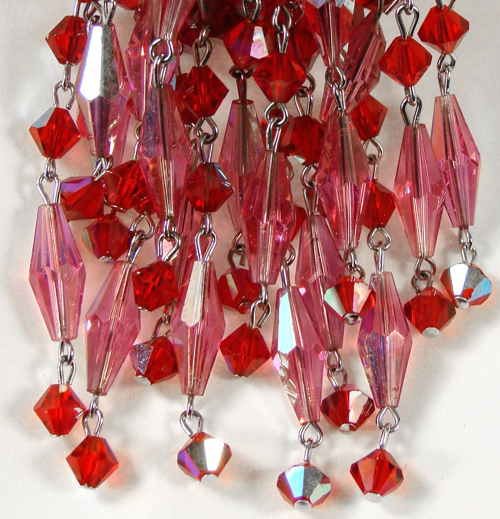 Vintage Sherman Waterfall Brooch // Red & Pink Crystal Glass Beads Signed 1960s Vintage Sherman Waterfall Brooch // Red & Pink Crystal Glass Beads Signed 1960s