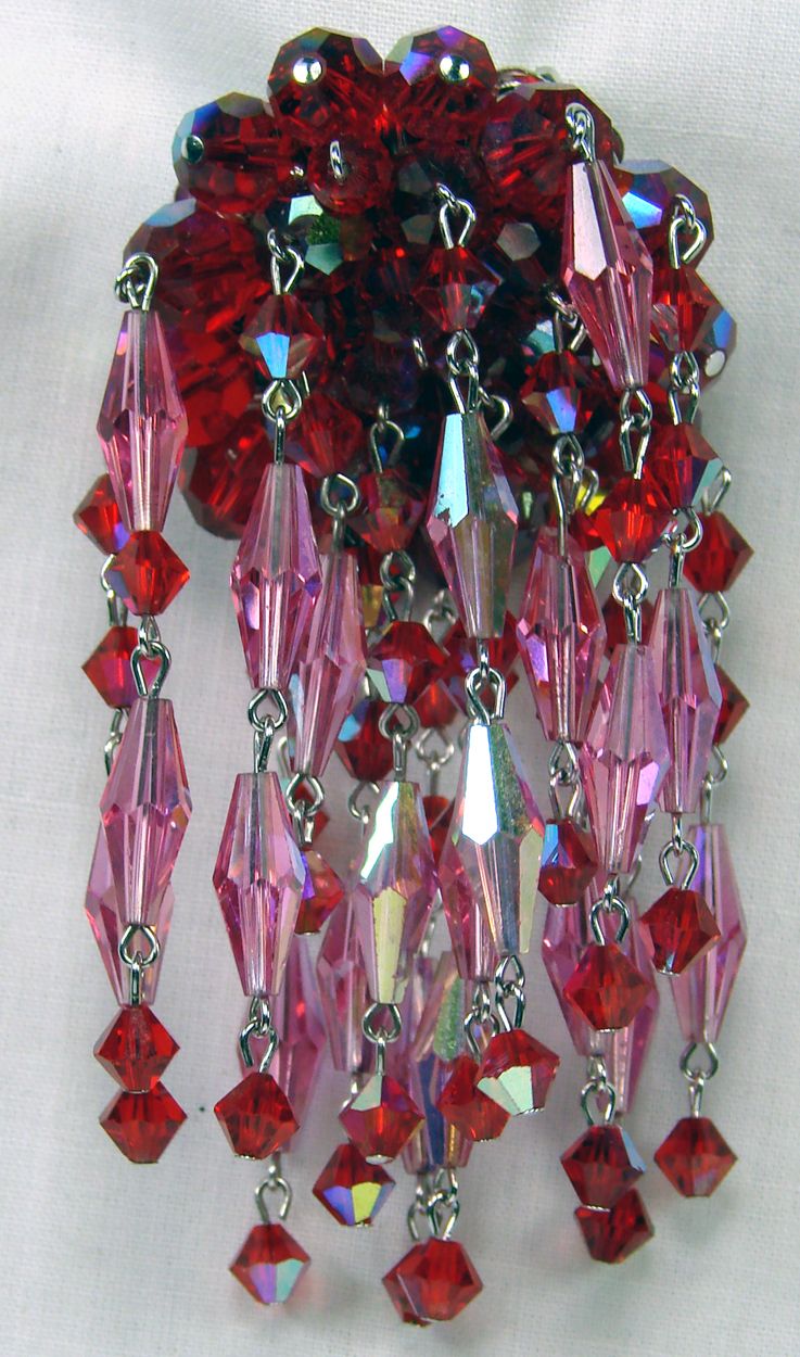 Vintage Sherman Waterfall Brooch // Red & Pink Crystal Glass Beads Signed 1960s Vintage Sherman Waterfall Brooch // Red & Pink Crystal Glass Beads Signed 1960s