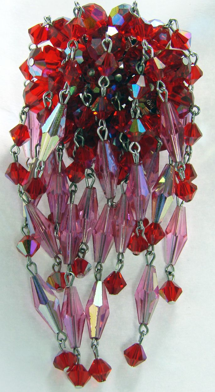 Vintage Sherman Waterfall Brooch // Red & Pink Crystal Glass Beads Signed 1960s Vintage Sherman Waterfall Brooch // Red & Pink Crystal Glass Beads Signed 1960s
