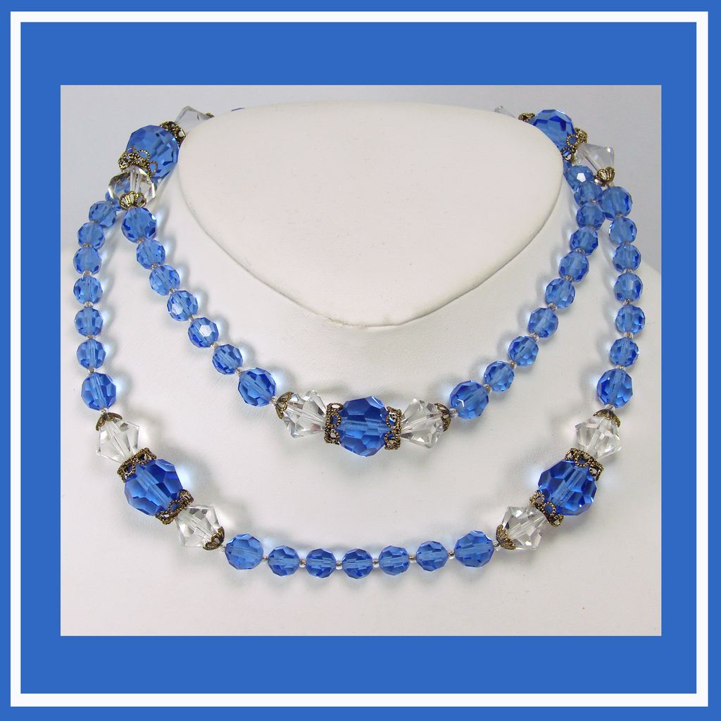 Vintage 1950s Crystal Bead Necklace // Blue and Clear Faceted Glass Vintage 1950s Crystal Bead Necklace // Blue and Clear Faceted Glass