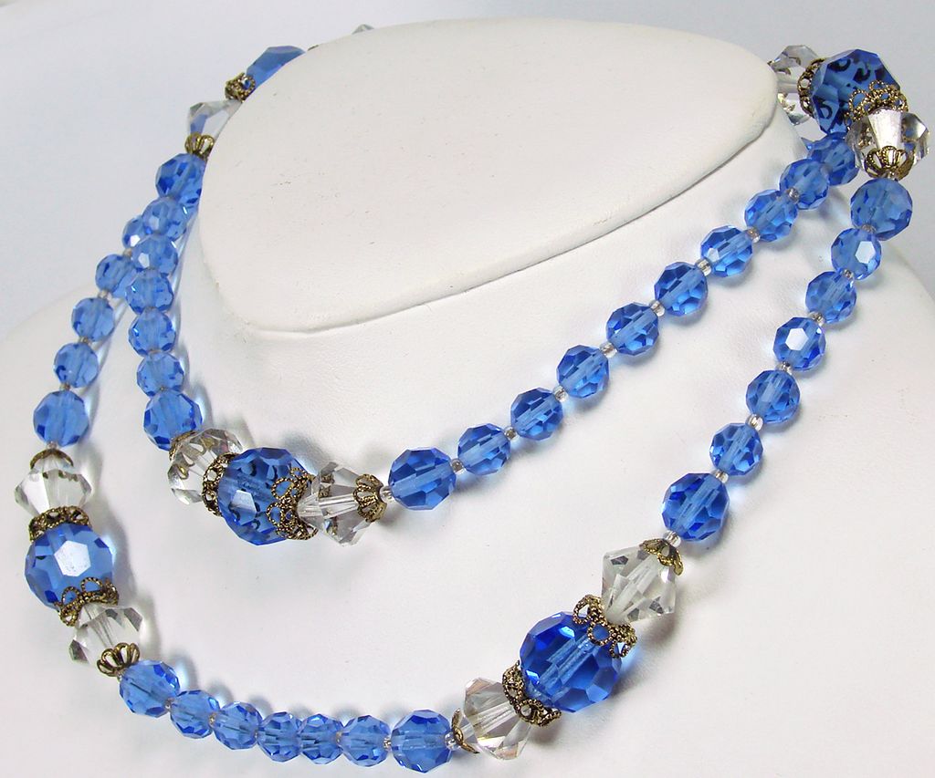 Vintage 1950s Crystal Bead Necklace // Blue and Clear Faceted Glass Vintage 1950s Crystal Bead Necklace // Blue and Clear Faceted Glass