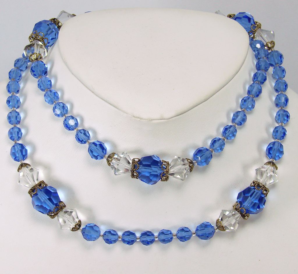 Vintage 1950s Crystal Bead Necklace // Blue and Clear Faceted Glass Vintage 1950s Crystal Bead Necklace // Blue and Clear Faceted Glass