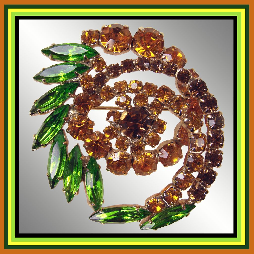 Vintage 1950s Orange & Green Rhinestone Brooch // 50s Pin Swirl Form Vintage 1950s Orange & Green Rhinestone Brooch // 50s Pin Swirl Form
