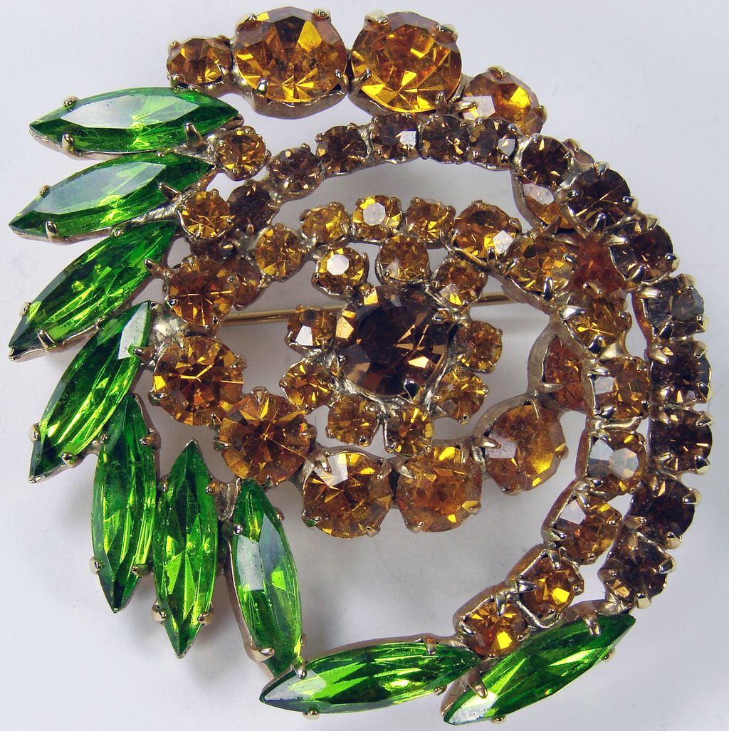 Vintage 1950s Orange & Green Rhinestone Brooch // 50s Pin Swirl Form Vintage 1950s Orange & Green Rhinestone Brooch // 50s Pin Swirl Form