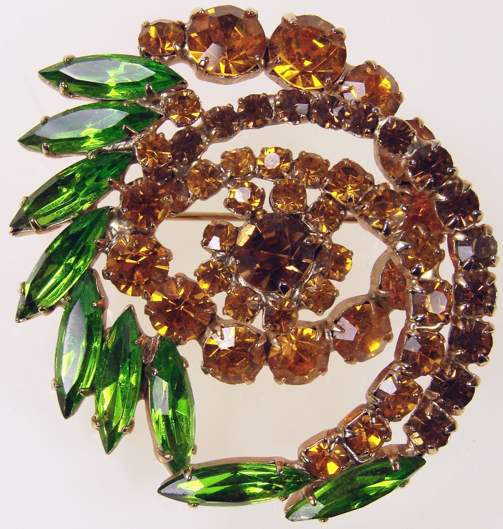 Vintage 1950s Orange & Green Rhinestone Brooch // 50s Pin Swirl Form Vintage 1950s Orange & Green Rhinestone Brooch // 50s Pin Swirl Form