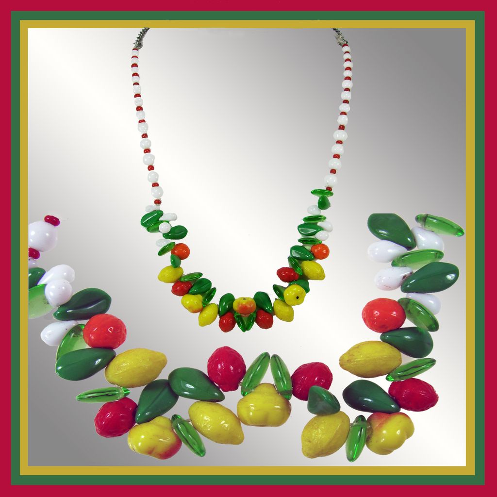 Vintage Glass Fruit Necklace // White Red Beads 22" Vintage Glass Fruit Necklace // White Red Beads 22"