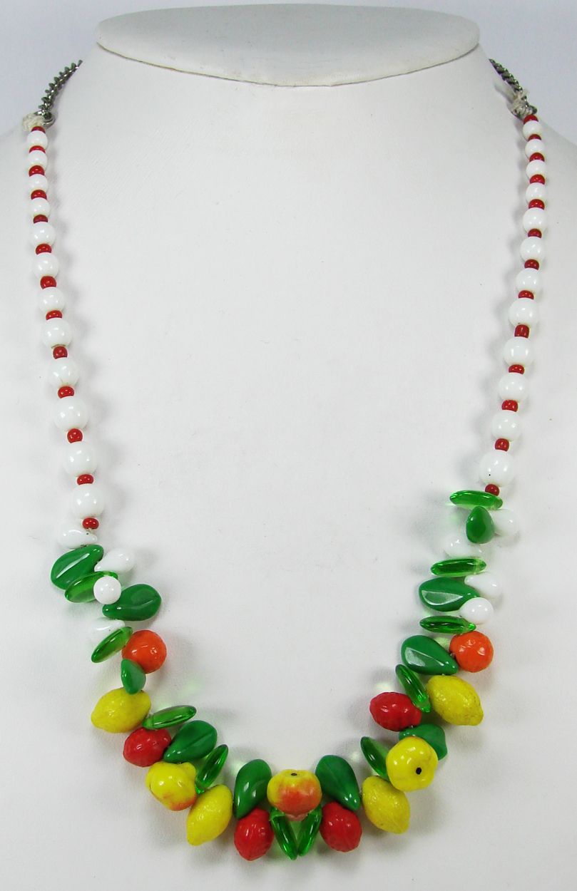 Vintage Glass Fruit Necklace // White Red Beads 22" Vintage Glass Fruit Necklace // White Red Beads 22"