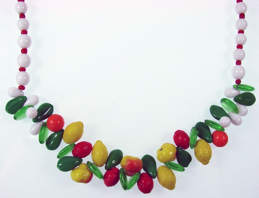 Vintage Glass Fruit Necklace // White Red Beads 22" Vintage Glass Fruit Necklace // White Red Beads 22"