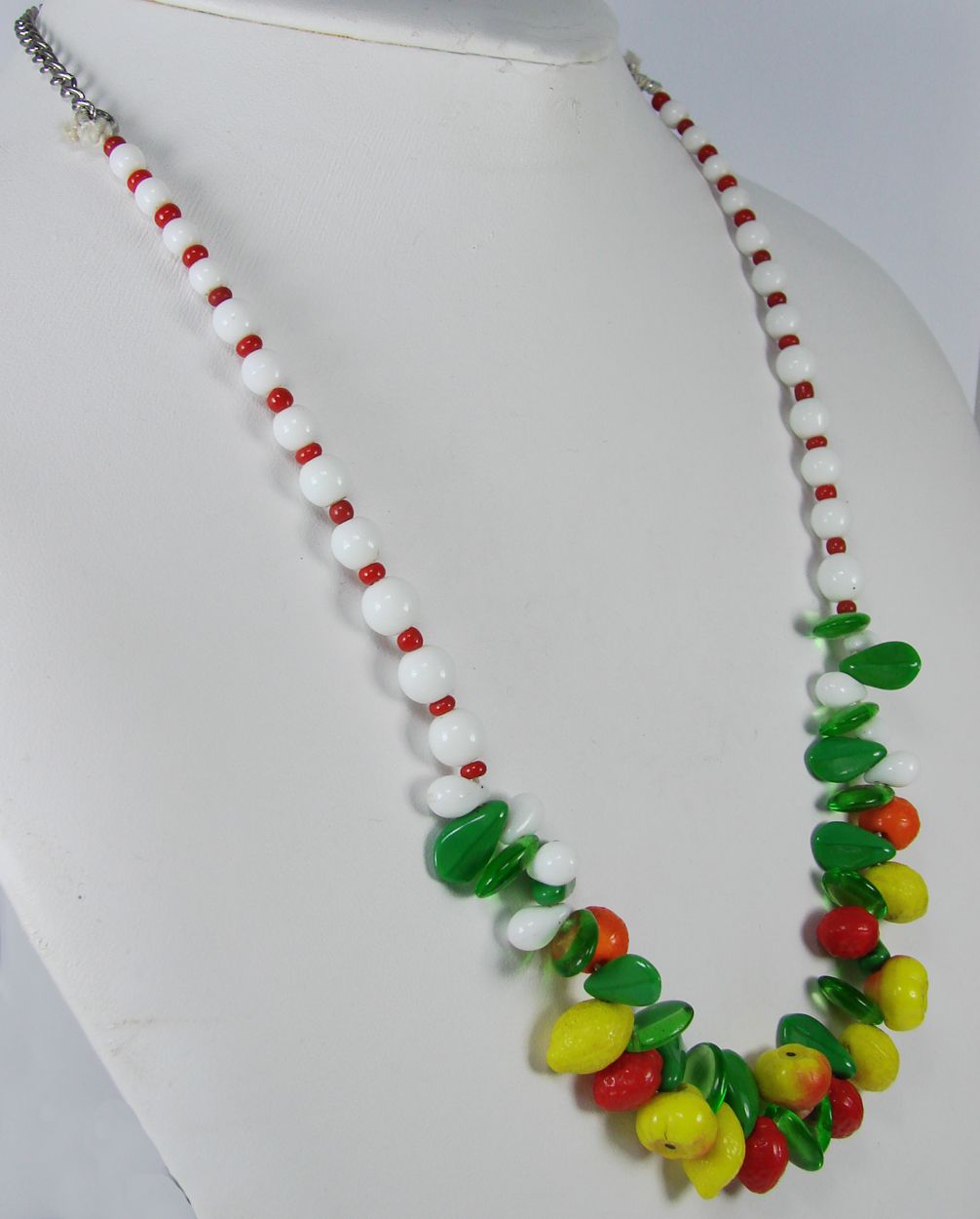 Vintage Glass Fruit Necklace // White Red Beads 22" Vintage Glass Fruit Necklace // White Red Beads 22"
