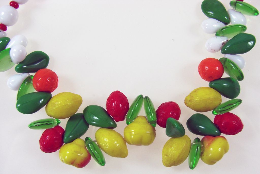 Vintage Glass Fruit Necklace // White Red Beads 22" Vintage Glass Fruit Necklace // White Red Beads 22"