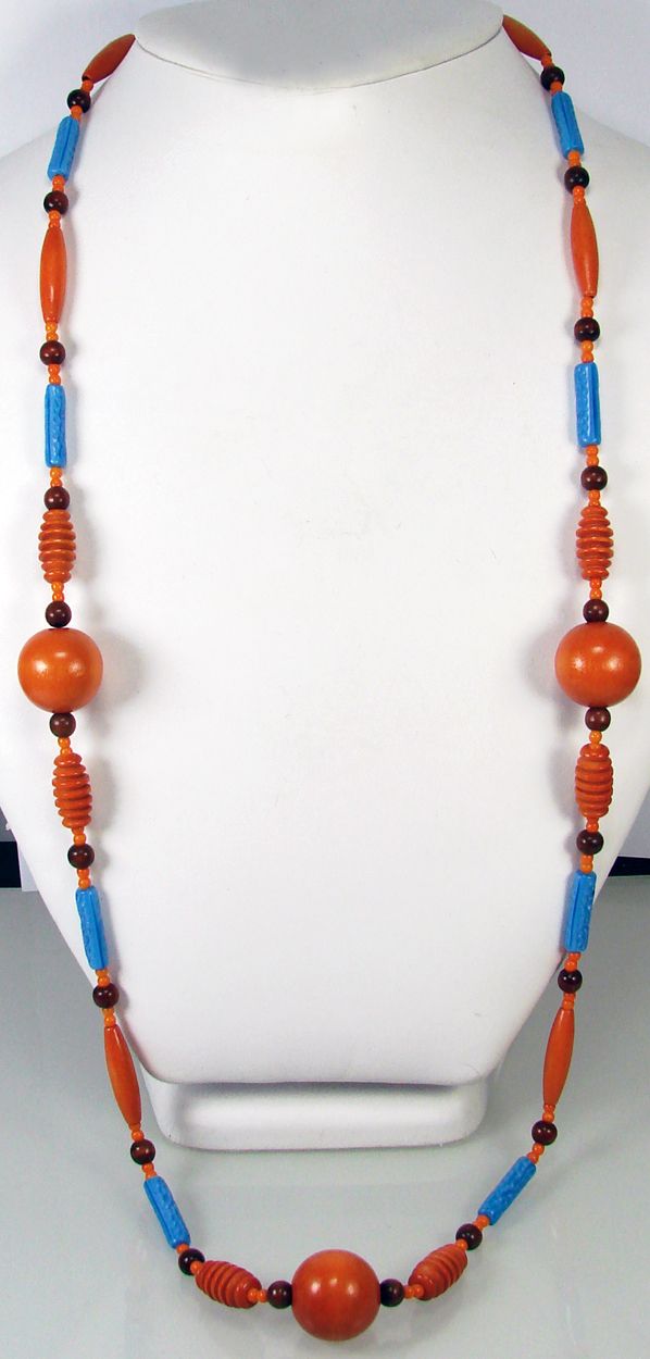 Vintage 1930s Wood & Glass Necklace // Depression Era Orange & Blue Beads Vintage 1930s Wood & Glass Necklace // Depression Era Orange & Blue Beads