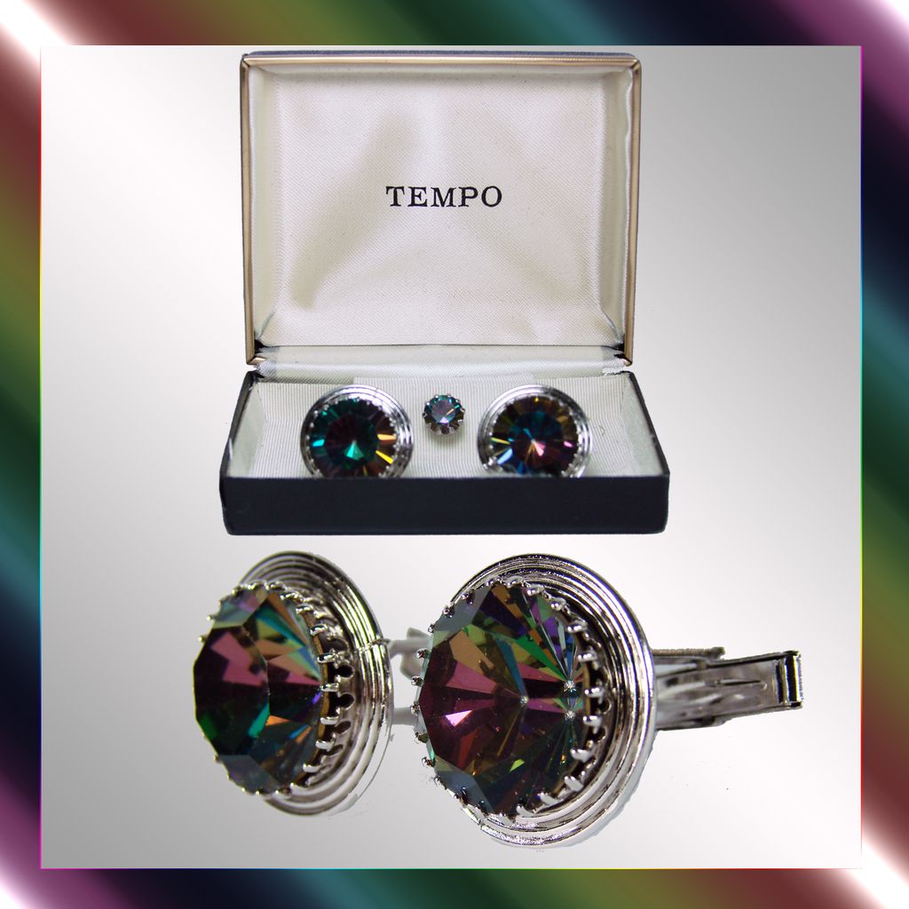 Vintage 60s Watermelon Rivoli Rhinestone Cufflinks // w Tie Tack NOS Tempo Brand Vintage 60s Watermelon Rivoli Rhinestone Cufflinks // w Tie Tack NOS Tempo Brand