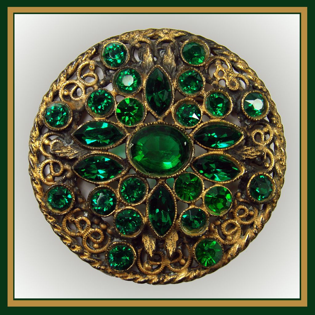 Vintage 1920s Gablonz Rhinestone Brooch // Bohemian Green Crystal Glass on Brass Mount Vintage 1920s Gablonz Rhinestone Brooch // Bohemian Green Crystal Glass on Brass Mount