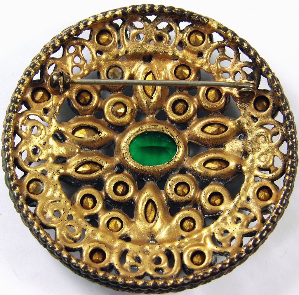 Vintage 1920s Gablonz Rhinestone Brooch // Bohemian Green Crystal Glass on Brass Mount Vintage 1920s Gablonz Rhinestone Brooch // Bohemian Green Crystal Glass on Brass Mount