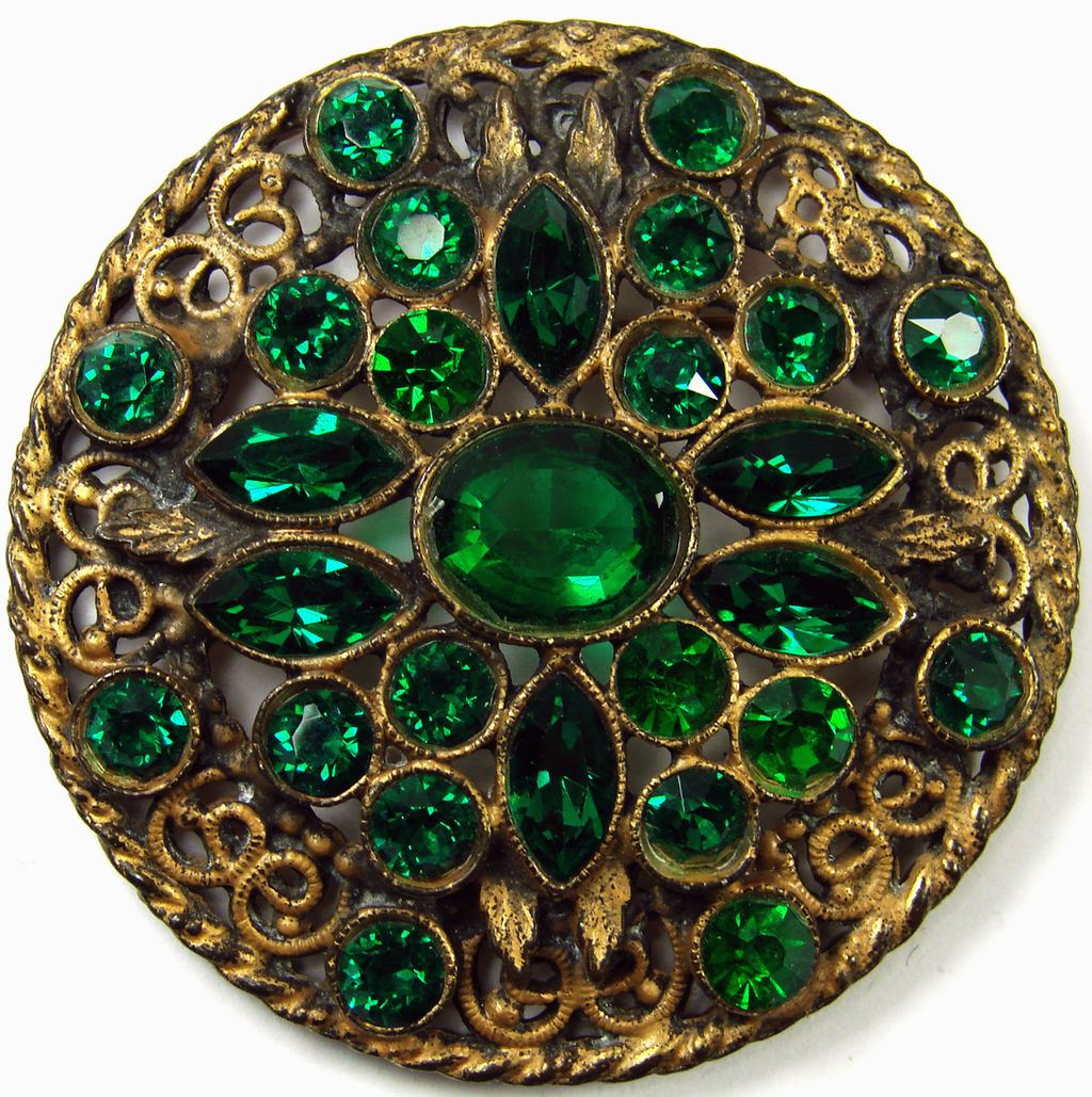 Vintage 1920s Gablonz Rhinestone Brooch // Bohemian Green Crystal Glass on Brass Mount Vintage 1920s Gablonz Rhinestone Brooch // Bohemian Green Crystal Glass on Brass Mount