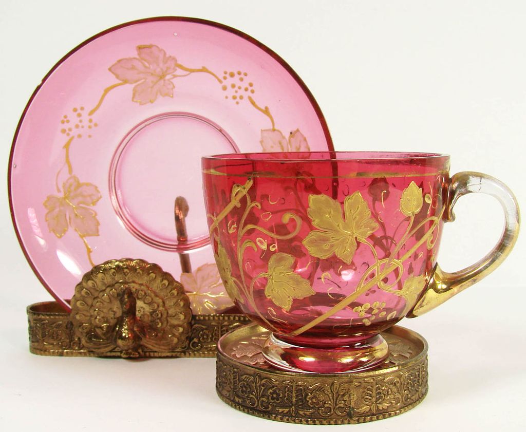 Vintage Moser Bohemian Cranberry Glass Cup & Saucer // Enamel Leaves Vintage Moser Bohemian Cranberry Glass Cup & Saucer // Enamel Leaves