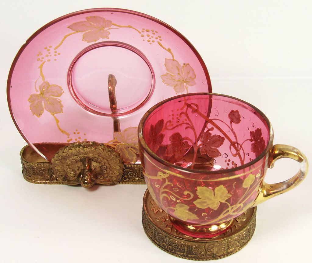 Vintage Moser Bohemian Cranberry Glass Cup & Saucer // Enamel Leaves Vintage Moser Bohemian Cranberry Glass Cup & Saucer // Enamel Leaves