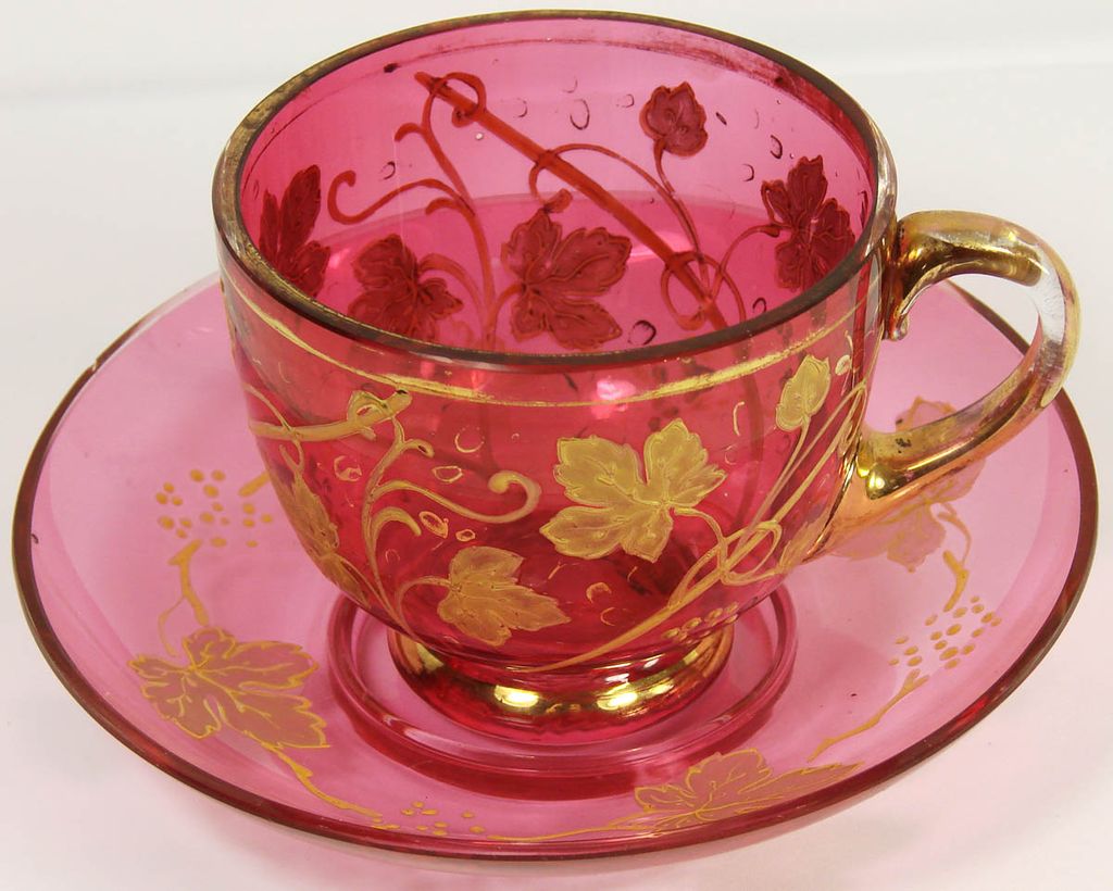 Vintage Moser Bohemian Cranberry Glass Cup & Saucer // Enamel Leaves Vintage Moser Bohemian Cranberry Glass Cup & Saucer // Enamel Leaves