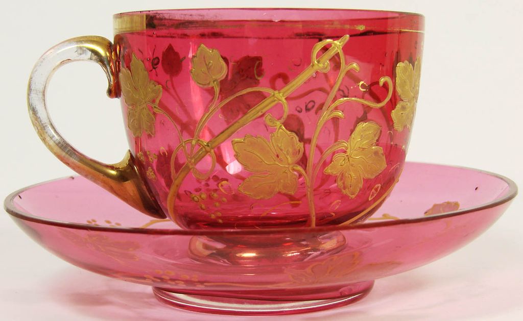 Vintage Moser Bohemian Cranberry Glass Cup & Saucer // Enamel Leaves Vintage Moser Bohemian Cranberry Glass Cup & Saucer // Enamel Leaves