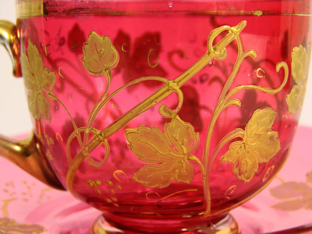 Vintage Moser Bohemian Cranberry Glass Cup & Saucer // Enamel Leaves Vintage Moser Bohemian Cranberry Glass Cup & Saucer // Enamel Leaves