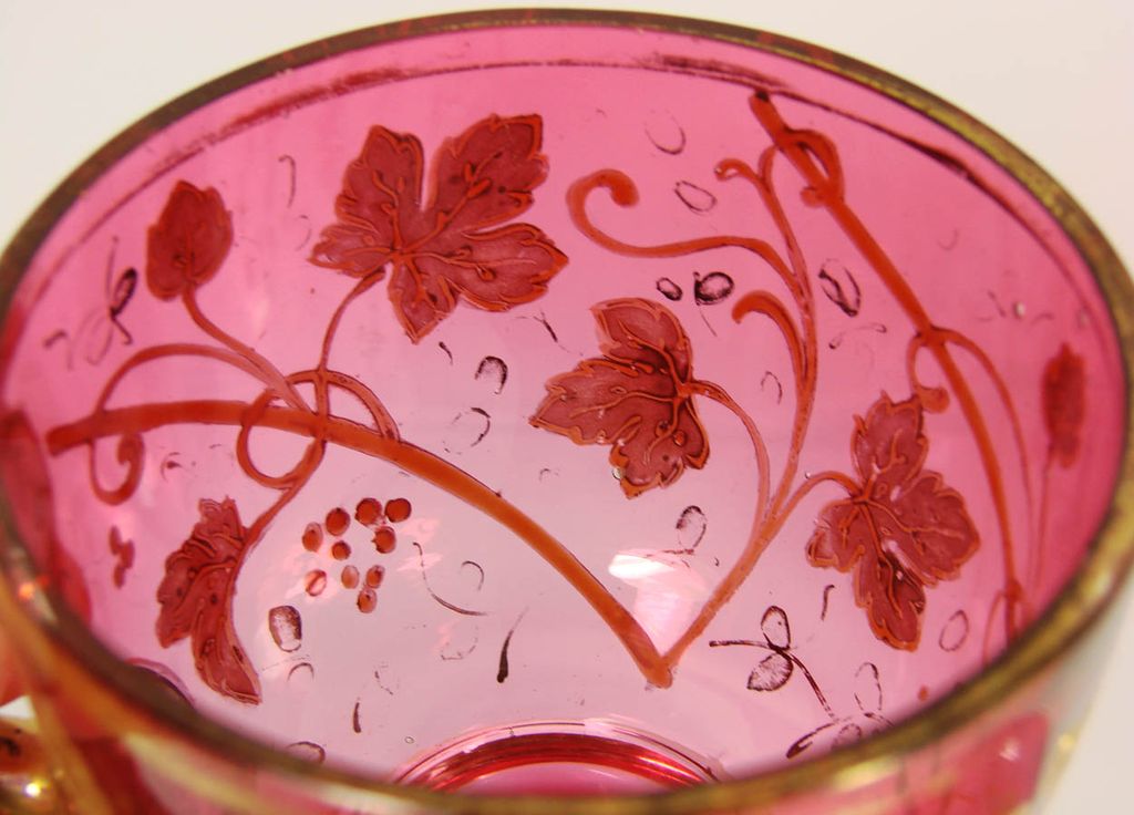 Vintage Moser Bohemian Cranberry Glass Cup & Saucer // Enamel Leaves Vintage Moser Bohemian Cranberry Glass Cup & Saucer // Enamel Leaves