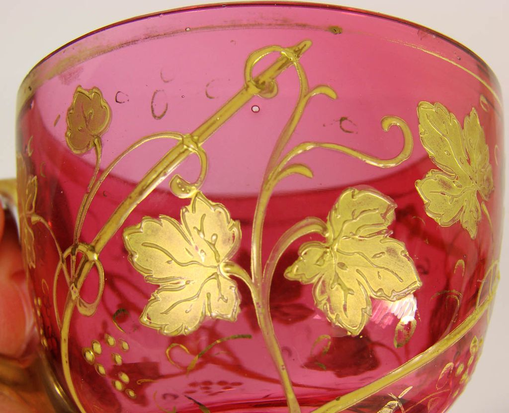 Vintage Moser Bohemian Cranberry Glass Cup & Saucer // Enamel Leaves Vintage Moser Bohemian Cranberry Glass Cup & Saucer // Enamel Leaves