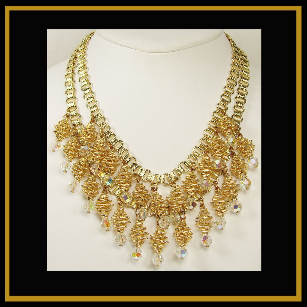 Vintage 1960s Double Strand Necklace // Spiral Pieces with Faceted Glass Crystal Vintage 1960s Double Strand Necklace // Spiral Pieces with Faceted Glass Crystal
